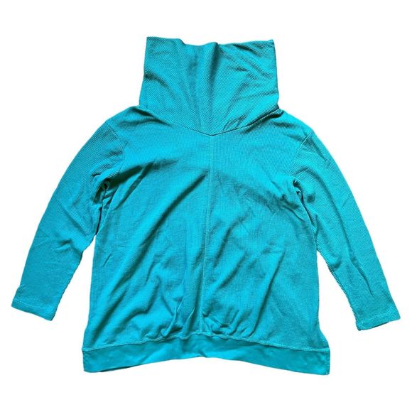 Woman Within Size M (14/16) Teal Blue Green Thermal Waffle Cowl Neck Tunic Top - Picture 2 of 8